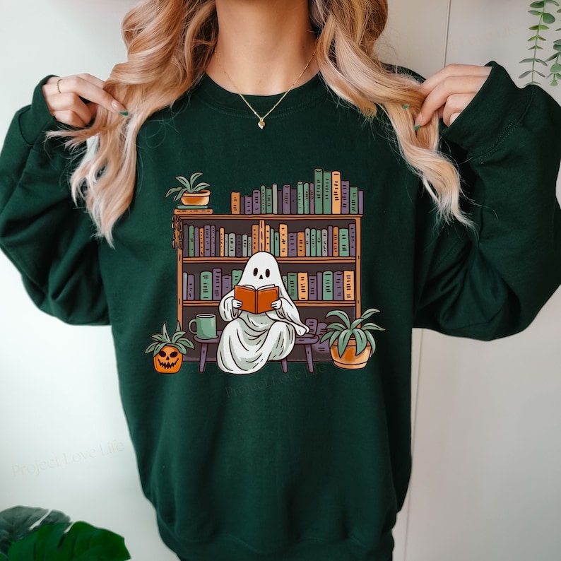 Bookish Ghost Sweater Spooky Library Shirt for Book Lover Reading Sweatshirt Cottagecore Pumpkin Crewneck Gift for Librarian Appreciation