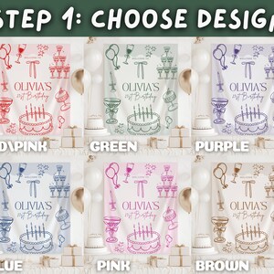 Op de afbeelding: Een banner met de tekst "STAP 1: KIES ONTWERP" bovenaan. Hieronder staan zes ontwerpopties in rood/roze, groen, paars, blauw, roze en bruin. Elk ontwerp bevat een taart, champagneglazen en de tekst "OLIVIA'S 21st Birthday".