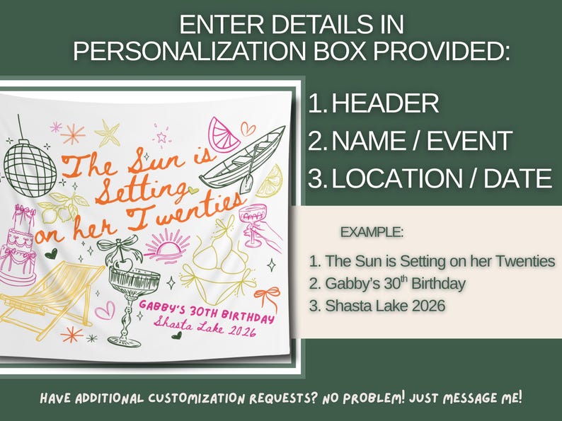 May include: A personalized banner with the text "The Sun is Setting on her Twenties" and "Gabby's 30th Birthday Shasta Lake 2026". The design includes beach-themed illustrations in orange, yellow, and pink.