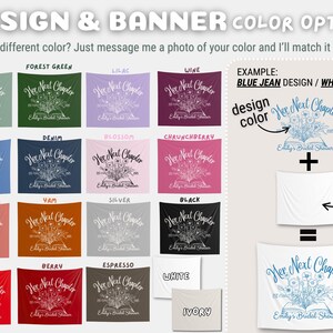 May include: A variety of tapestry color options are displayed, each featuring the text "Her Next Chapter" and floral illustrations. Colors include sage, forest green, lilac, wine, blue jean, denim, blossom, and more. The design color can be customized.