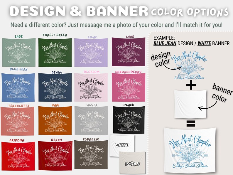 May include: A variety of tapestry color options are displayed, each featuring the text "Her Next Chapter" and floral illustrations. Colors include sage, forest green, lilac, wine, blue jean, denim, blossom, and more. The design color can be customized.