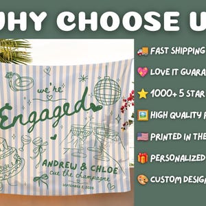 May include: A light blue and white striped fabric banner featuring dark green line art illustrations of a champagne bottle, wedding rings, a disco ball, a tiered cake, and martini glasses. The text reads Engaged, Andrew & Chloe, and September 2, 2026.