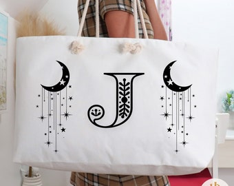 Celestial Beach Bag Personalized Moon Weekender Bag Custom Astrology Gift Idea for Sister Birthday Pool Summer Tote Bag with Initial Witchy