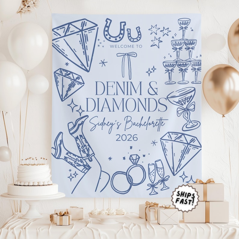 May include: A light blue "Denim & Diamonds" bachelorette party banner with diamond, horseshoe, and champagne glass illustrations. The banner includes the text "Sidney's Bachelorette 2026". White balloons and gifts are in the foreground.