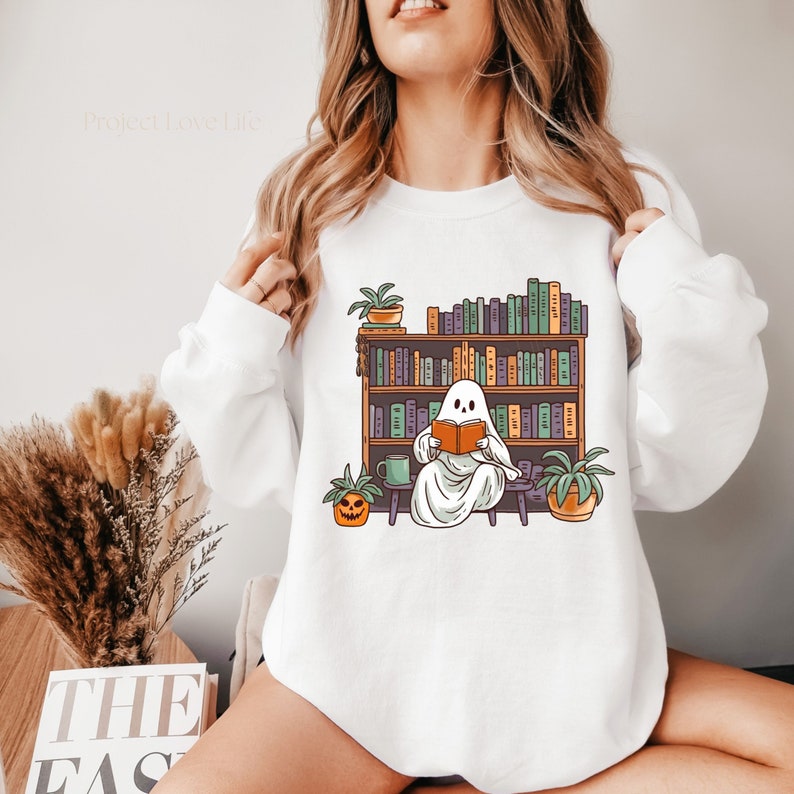 Bookish Ghost Sweater Spooky Library Shirt for Book Lover Reading Sweatshirt Cottagecore Pumpkin Crewneck Gift for Librarian Appreciation
