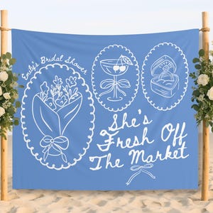 Custom Fresh Off the Market Banner Sign, Flowers Bachelorette Party Decor Tapestry, Martini Bridal Shower Brunch Hanging Backdrop Photobooth