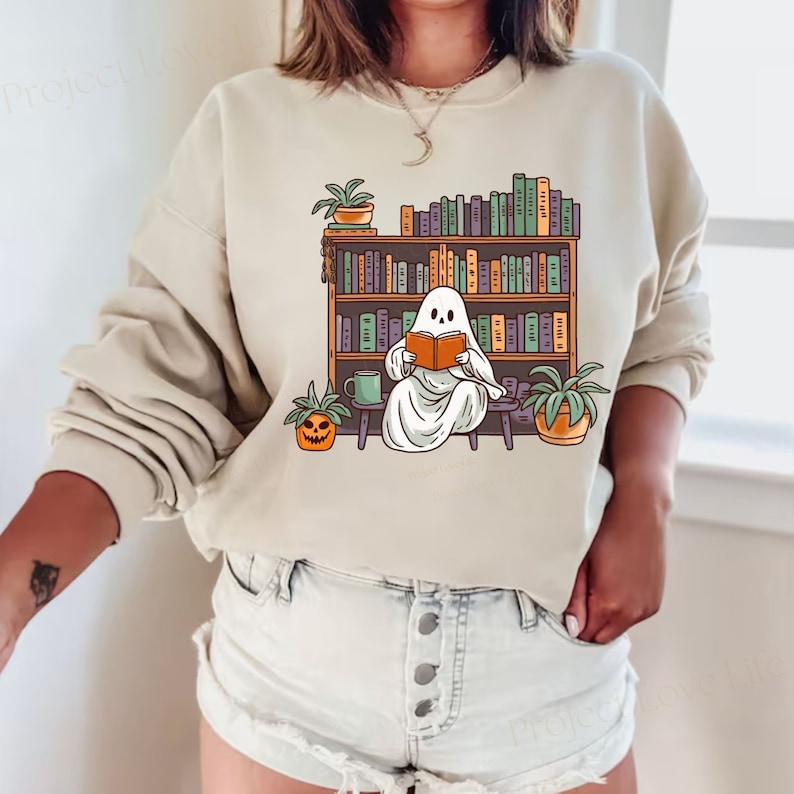 Bookish Ghost Sweater Spooky Library Shirt for Book Lover Reading Sweatshirt Cottagecore Pumpkin Crewneck Gift for Librarian Appreciation