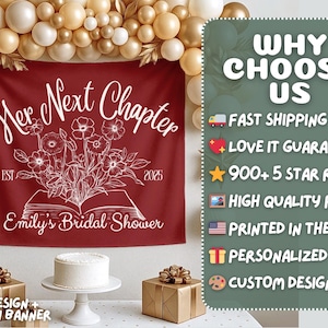 May include: A crimson banner with white text reading "Her Next Chapter" and "Emily's Bridal Shower." The banner features a floral design and the year 2025. The image also includes a cake, gifts, and a balloon arch.