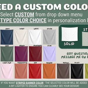 May include: A color chart displaying various fabric swatches in light blue, navy, ivory, white, silver, forest green, sage, berry, burgundy, lilac, dark pink, light pink, terracotta, red, orange, brown, black, and lime, with text instructions.