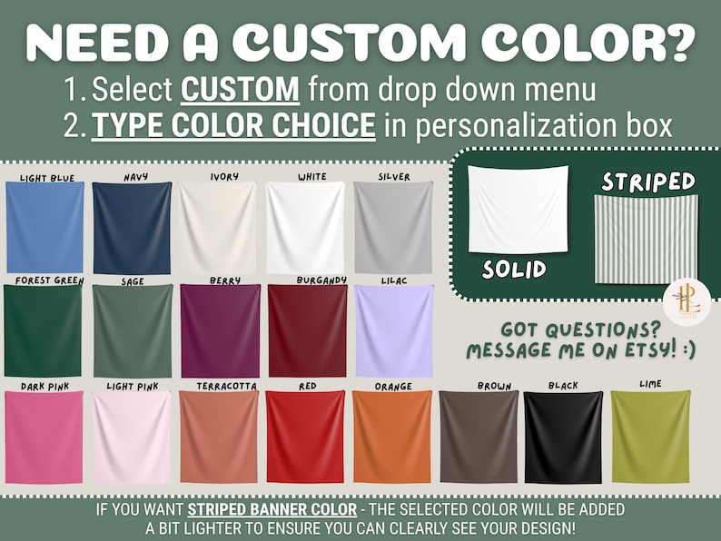 May include: A color chart displaying various fabric swatches in light blue, navy, ivory, white, silver, forest green, sage, berry, burgundy, lilac, dark pink, light pink, terracotta, red, orange, brown, black, and lime, with text instructions.