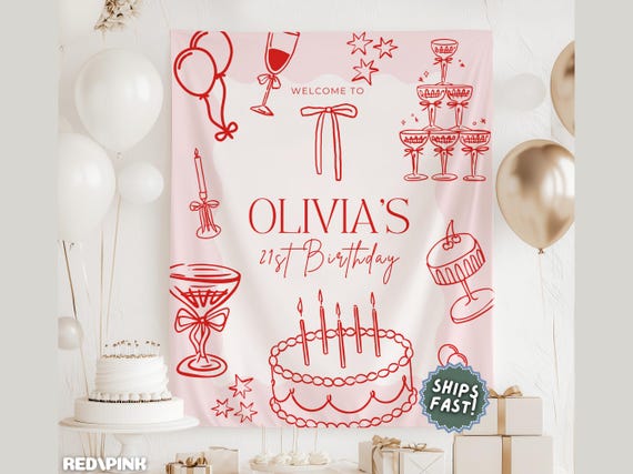 Custom 21st Birthday Banner, Martini Birthday Sign for 21st Birthday Party Decorations, Pink Coquette Bow Birthday Backdrop 21st Birthday