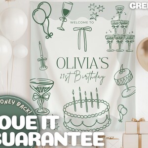 Op de afbeelding: Een witte achtergrond met groene lijntekeningen van ballonnen, champagneglazen, een taart en sterren. De tekst luidt "Welkom op Olivia's 21e verjaardag". Witte en gouden ballonnen zijn zichtbaar. De tekst "Love it or your money back!" is ook aanwezig.