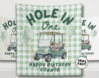Hole in One First Birthday Party Banner Golf 1st Birthday Party Backdrop Gingham Boys Birthday Photo Background Golf Sports Birthday Theme