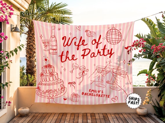 Custom Wife of The Party Bachelorette Tapestry, Personalized Bride Photo Backdrop for Bachelorette Weekend Decor, Pink Red Bach Party Banner