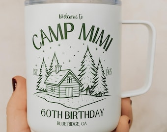 Campfire 60th Birthday Mug with Lid: Personalized Rustic Camp Coffee Cup for Campfire Themed 60th Birthday Party Favor, Custom insulated mug