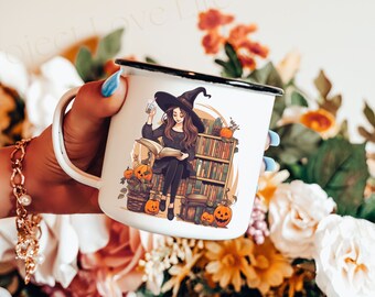 Cute Witch Camping Mug Goth Gift Witchy Sister Present Ghostly Bookish Mug Sister Gift Office Coworker Gifts Halloween Book Lover Coffee Cup