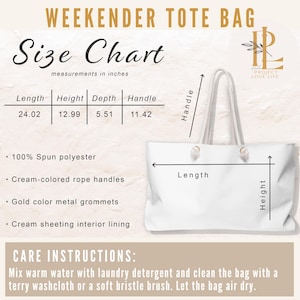 May include: White Weekender Tote Bag with cream-colored rope handles and gold metal grommets. The bag is made of 100% spun polyester with a cream sheeting interior lining. Measurements: Length 24.02 inches, Height 12.99 inches, Depth 5.51 inches, Handle 11.42 inches. Care instructions are included.