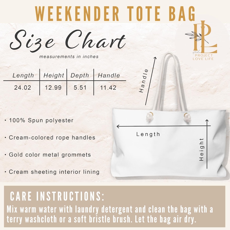 May include: White Weekender Tote Bag with cream-colored rope handles and gold metal grommets. The bag is made of 100% spun polyester with a cream sheeting interior lining. Measurements: Length 24.02 inches, Height 12.99 inches, Depth 5.51 inches, Handle 11.42 inches. Care instructions are included.