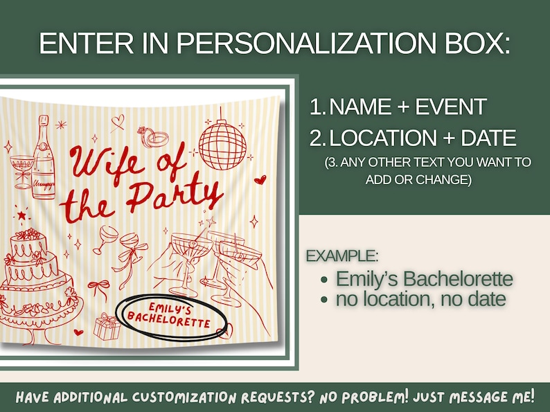 Peut inclure: Une banni&egrave;re de f&ecirc;te personnalis&eacute;e avec le texte "Wife of the Party" en script rouge. La banni&egrave;re comprend des illustrations de champagne, un g&acirc;teau et une boule disco. Le texte "Emily's Bachelorette" est dans un ovale noir. Instructions de personnalisation incluses.