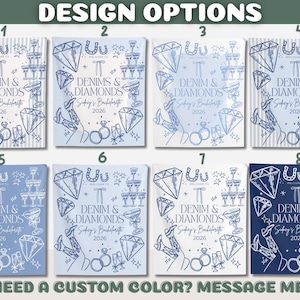 May include: A collection of eight design options for a bachelorette party, each featuring the text "Denim & Diamonds" and "Sydney's Bachelorette 2026." The designs include diamonds, champagne glasses, and cowboy boots, with a request for custom colors.