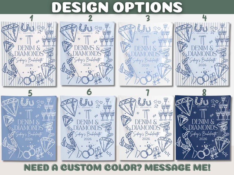 May include: A collection of eight design options for a bachelorette party, each featuring the text "Denim & Diamonds" and "Sydney's Bachelorette 2026." The designs include diamonds, champagne glasses, and cowboy boots, with a request for custom colors.