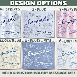 May include: Six rectangular fabric banners featuring the text 'we're Engaged', 'ANDREW & CHLOE', 'cue the champagne', and 'SEPTEMBER 2, 2026'. Each banner displays line art of a cake, champagne bottle, disco ball, and rings in various color stripes.
