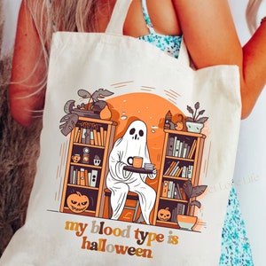 Spooky Halloween Tote Bag Bookish Ghost Gift for Book Lover Birthday Gift cute pumpkin Bag Goth Librarian Appreciation gift Office Coworker