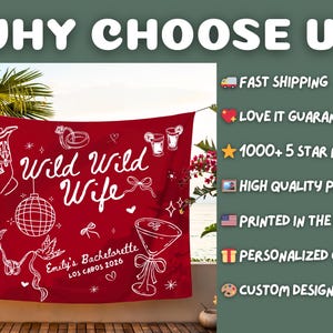 May include: Red tapestry with white text and illustrations. The words "Wild Wild Wife" are prominently displayed, along with "Emily's Bachelorette LOS CABOS 2026". The design includes images of boots, a disco ball, and cocktails. The background is a tropical setting.