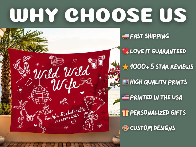 May include: Red tapestry with white text and illustrations. The words "Wild Wild Wife" are prominently displayed, along with "Emily's Bachelorette LOS CABOS 2026". The design includes images of boots, a disco ball, and cocktails. The background is a tropical setting.