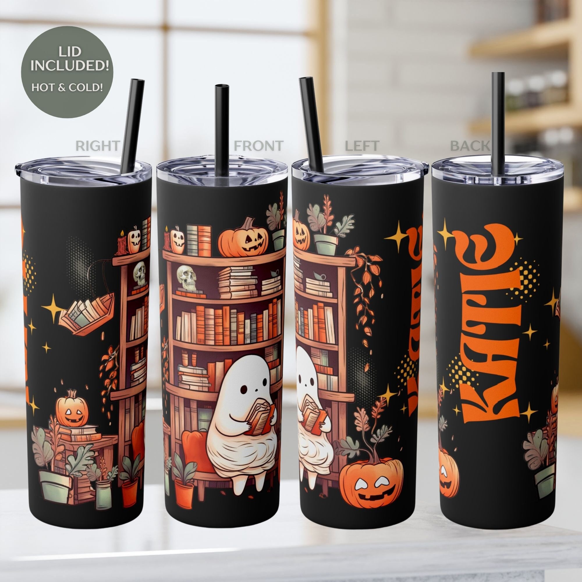 Spooky Bookish Tumbler with Ghost Custom Tumbler with Straw Book Lover Gift Travel Tumbler Reading Ghost Iced Coffee Cup Reader Gift Gothic