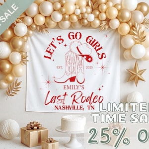 May include: A white banner with red text that reads "LET'S GO GIRLS" and "EMILY'S Last Rodeo NASHVILLE, TN". The banner features a cowboy boot and hat graphic. The scene is decorated with balloons, a star, and gifts.