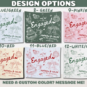 May include: Six rectangular engagement banners featuring line art illustrations of a wedding cake, champagne, rings, and a disco ball. Each banner displays the text "we're Engaged", "ANDREW & CHLOE", "cue the champagne", and "SEPTEMBER 2, 2026" in various color schemes.