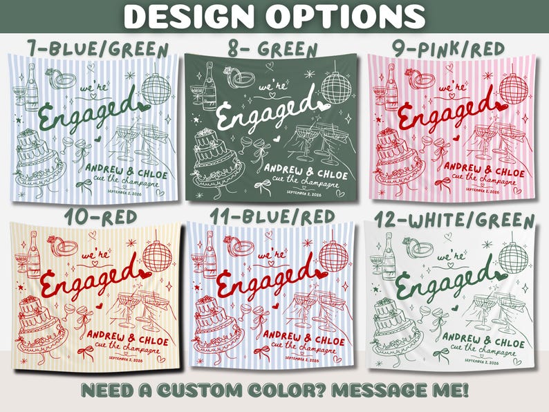 May include: Six rectangular engagement banners featuring line art illustrations of a wedding cake, champagne, rings, and a disco ball. Each banner displays the text "we're Engaged", "ANDREW & CHLOE", "cue the champagne", and "SEPTEMBER 2, 2026" in various color schemes.