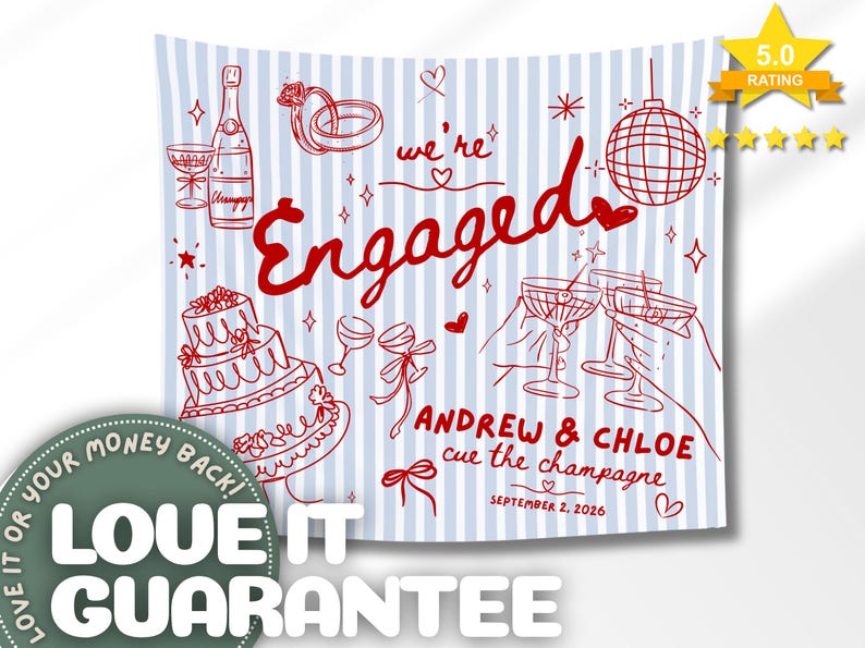 May include: A square fabric banner with a light blue and white vertical striped pattern. Red line art illustrations include a champagne bottle, wedding rings, a disco ball, a tiered cake, and cocktail glasses. Text reads: we're Engaged, ANDREW & CHLOE, cue the champagne, SEPTEMBER 2, 2026.