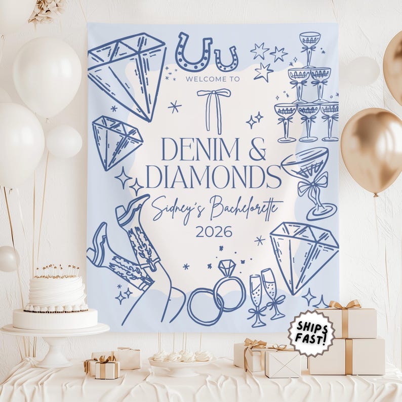 May include: A light blue "Denim & Diamonds" bachelorette party backdrop with diamond, horseshoe, and champagne glass illustrations. The backdrop includes the text "Welcome to Denim & Diamonds Sidney's Bachelorette 2026".