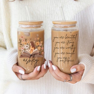 Iced Coffee Bookish Glass Tumbler Affirmation Sipper Cup Book Gift Idea for Book Lover Glass Cup with Bamboo Lid Personalized Name Tumbler
