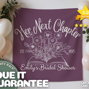 May include: A purple banner with white text that reads "Her Next Chapter" and "Emily's Bridal Shower". The banner features a floral design and the year 2025. Balloons and greenery are in the background.
