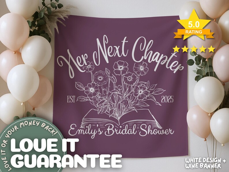 May include: A purple banner with white text that reads "Her Next Chapter" and "Emily's Bridal Shower". The banner features a floral design and the year 2025. Balloons and greenery are in the background.