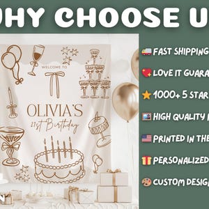 Op de afbeelding: Een bruine verjaardagsbanner met de tekst "WHY CHOOSE US" bovenaan. De banner zegt "WELCOME TO OLIVIA'S 21st Birthday" en bevat illustraties van ballonnen, champagneglazen en een taart. De banner is versierd met witte ballonnen en cadeaus.