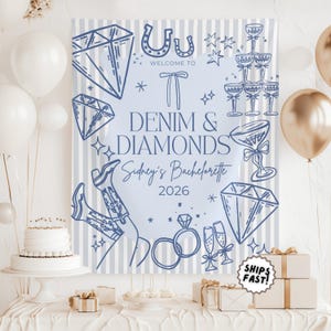 May include: A light blue and white striped backdrop with the text "Welcome to Denim & Diamonds Sidney's Bachelorette 2026". The design includes diamond and horseshoe illustrations, champagne glasses, and cowboy boots.