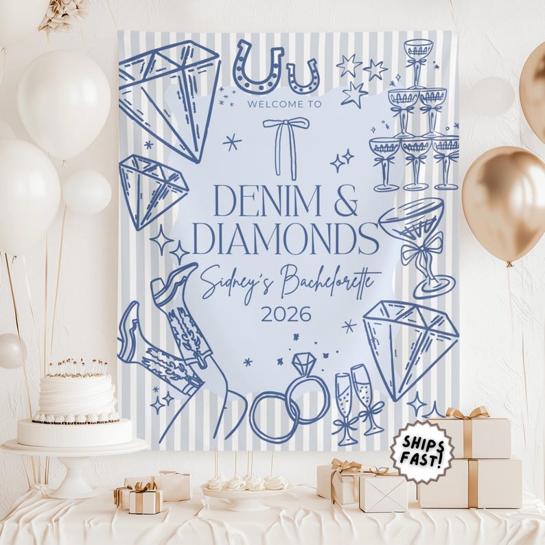 May include: A light blue and white striped backdrop with the text "Welcome to Denim & Diamonds Sidney's Bachelorette 2026". The design includes diamond and horseshoe illustrations, champagne glasses, and cowboy boots.