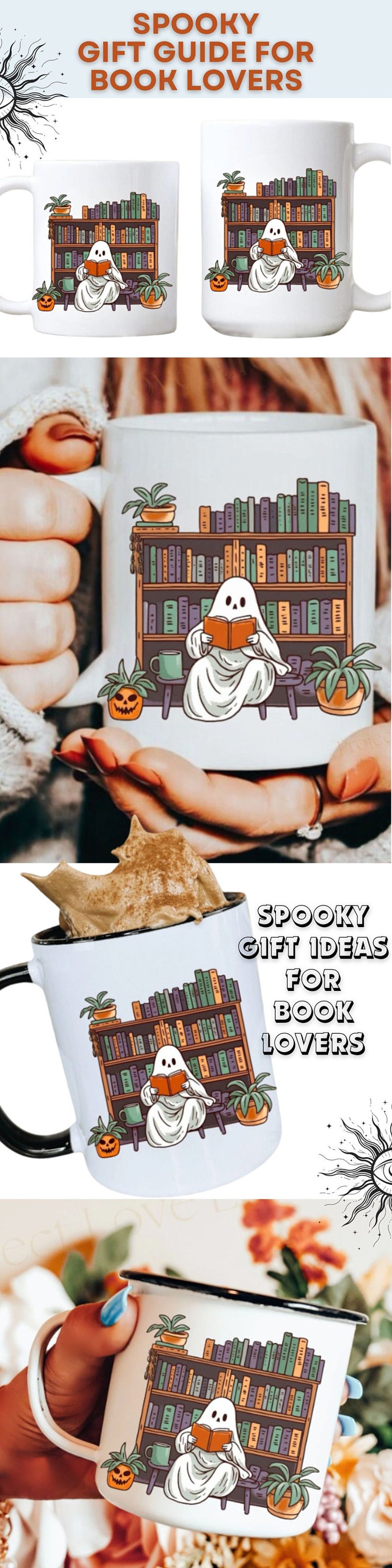 May include: A white ceramic mug with a black handle features a ghost reading a book in a library setting. The ghost is sitting on a chair in front of a bookshelf filled with books. There are two potted plants, one with a jack-o-lantern face, and a small green mug on a table. The text "SPOOKY GIFT IDEAS FOR BOOK LOVERS" is written in black on a white background.