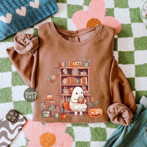 Cottagecore Library Sweatshirt Bookish Ghost Sweater Oversized Bookworm Vintage Crewneck Ghost Sweatshirt Book Lover Gift Witchy Girlfriend