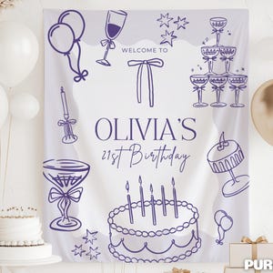 Op de afbeelding: Een witte achtergrond voor een verjaardag met paarse lijntekeningen van ballonnen, champagneglazen, een taart en de tekst "OLIVIA'S 21st Birthday". Gouden en witte ballonnen zijn zichtbaar op de achtergrond. Een geschenkdoos met een paars lint staat in de rechter benedenhoek.
