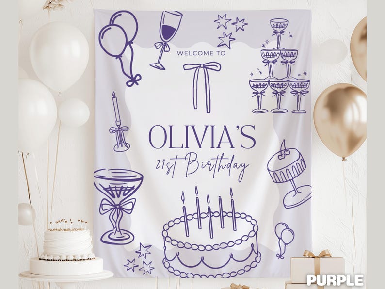 Op de afbeelding: Een witte achtergrond voor een verjaardag met paarse lijntekeningen van ballonnen, champagneglazen, een taart en de tekst "OLIVIA'S 21st Birthday". Gouden en witte ballonnen zijn zichtbaar op de achtergrond. Een geschenkdoos met een paars lint staat in de rechter benedenhoek.