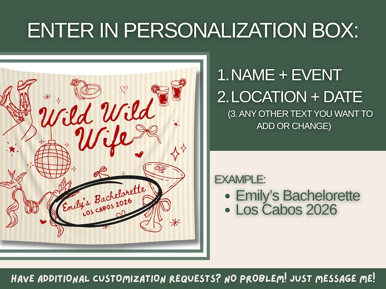 May include: A personalized bachelorette party banner with the text "Wild Wild Wife" in red script. The banner includes illustrations of cowboy boots, a disco ball, and cocktails. The text "Emily's Bachelorette Los Cabos 2026" is also included.