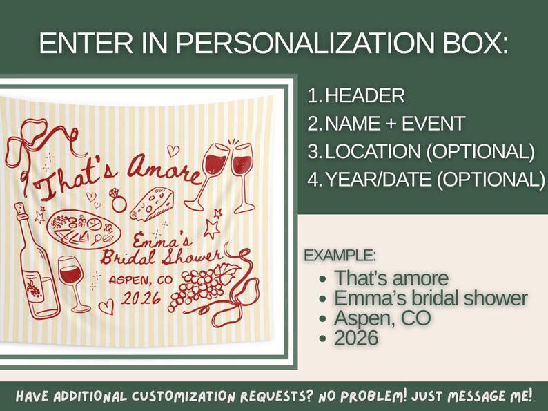 May include: A personalized bridal shower banner with the text "That's Amore" and "Emma's Bridal Shower". The design includes wine glasses, a bottle, and food illustrations. The banner also includes the location "Aspen, CO" and the year "2026".