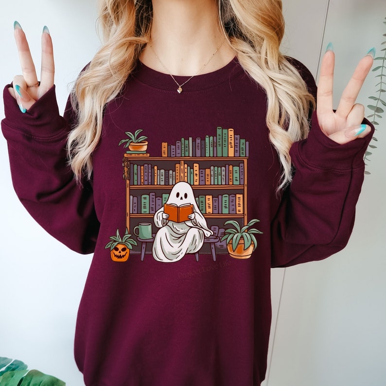 Bookish Ghost Sweater Spooky Library Shirt for Book Lover Reading Sweatshirt Cottagecore Pumpkin Crewneck Librarian Appreciation Gift image 5