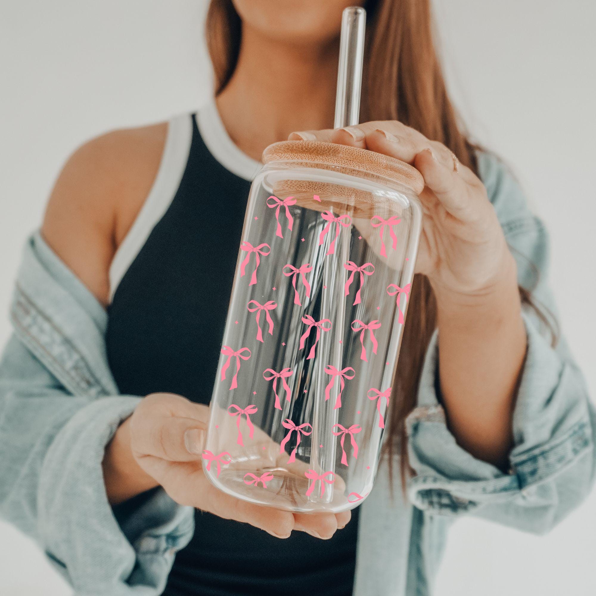 Pink Coquette Bow Iced Coffee Tumbler Glass Cup Preppy Gift for Iced ...