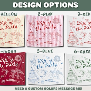 Peut inclure: Graphique pr&eacute;sentant six options de conception pour une banni&egrave;re &laquo;&nbsp;Wife of the Party&nbsp;&raquo;. Chaque banni&egrave;re comprend des illustrations de g&acirc;teau, de champagne et d'une boule disco, avec le texte &laquo;&nbsp;Emily's Bachelorette&nbsp;&raquo;.